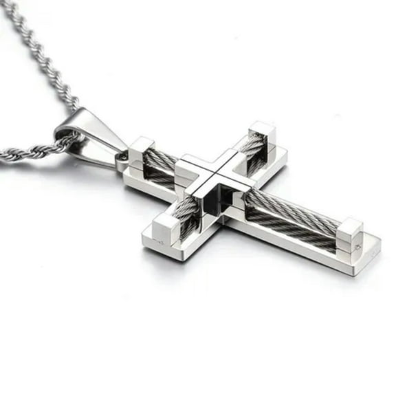 EOEMY New Rope Chain Necklace For Men Women Heavy 316L Stainless Steel Cross Pendant-Silver