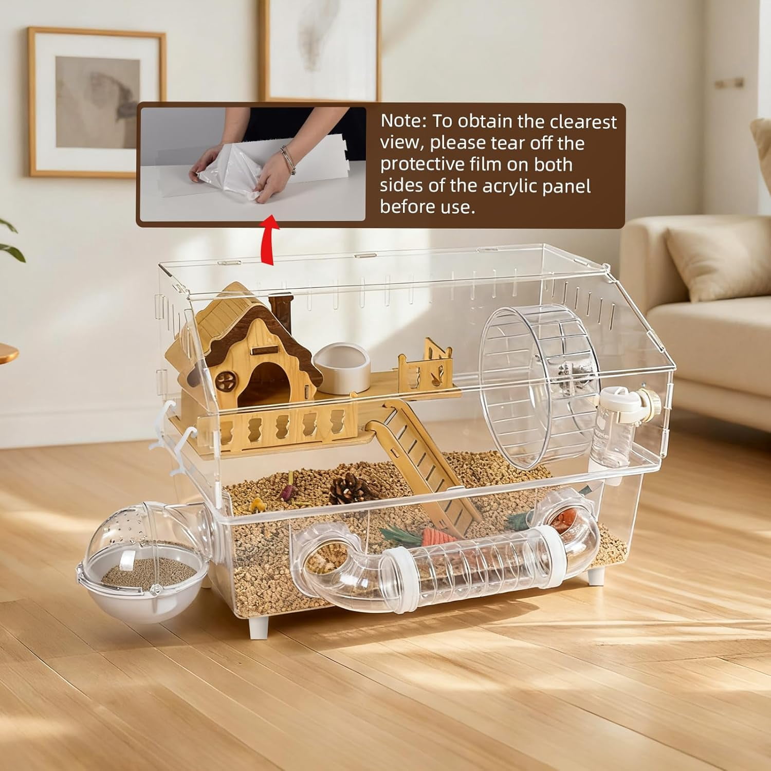 Clear Acrylic Hamster Cage, Dwarf Hamster Cage, Mouse Cage, Gerbil Cage - All-in-One Hamster Habitat with 18cm Silent Wheel, Tubes & Full Kit, 17.7×11.8×13.8" for Dwarf Hamsters, Mice, Gerbils