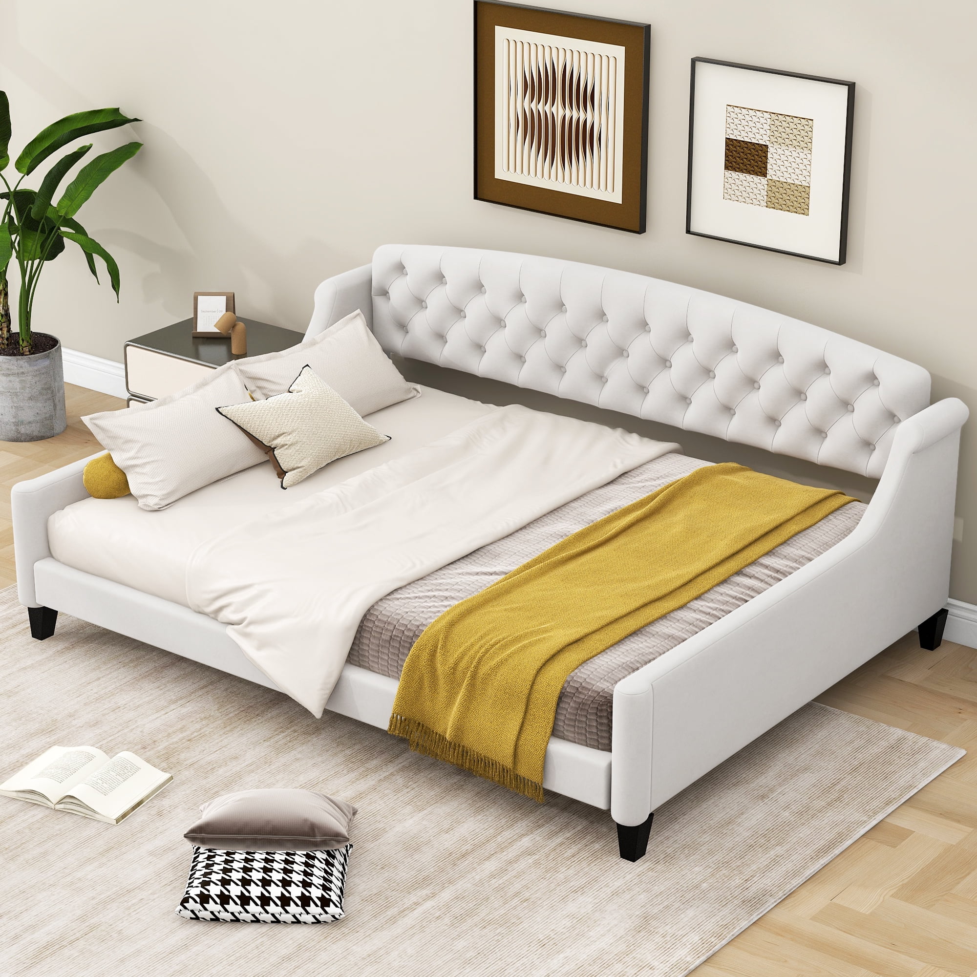Euroco Upholstery Tufted Full size Tufted Button Daybed Beige