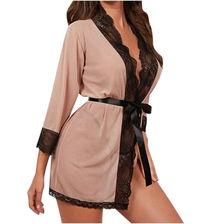 Hvyesh Women Lingerie Robe Lace Splicing Mesh Nightwear Lightweight Nightgown Cardigan Sleepwear Pajamas with Belt