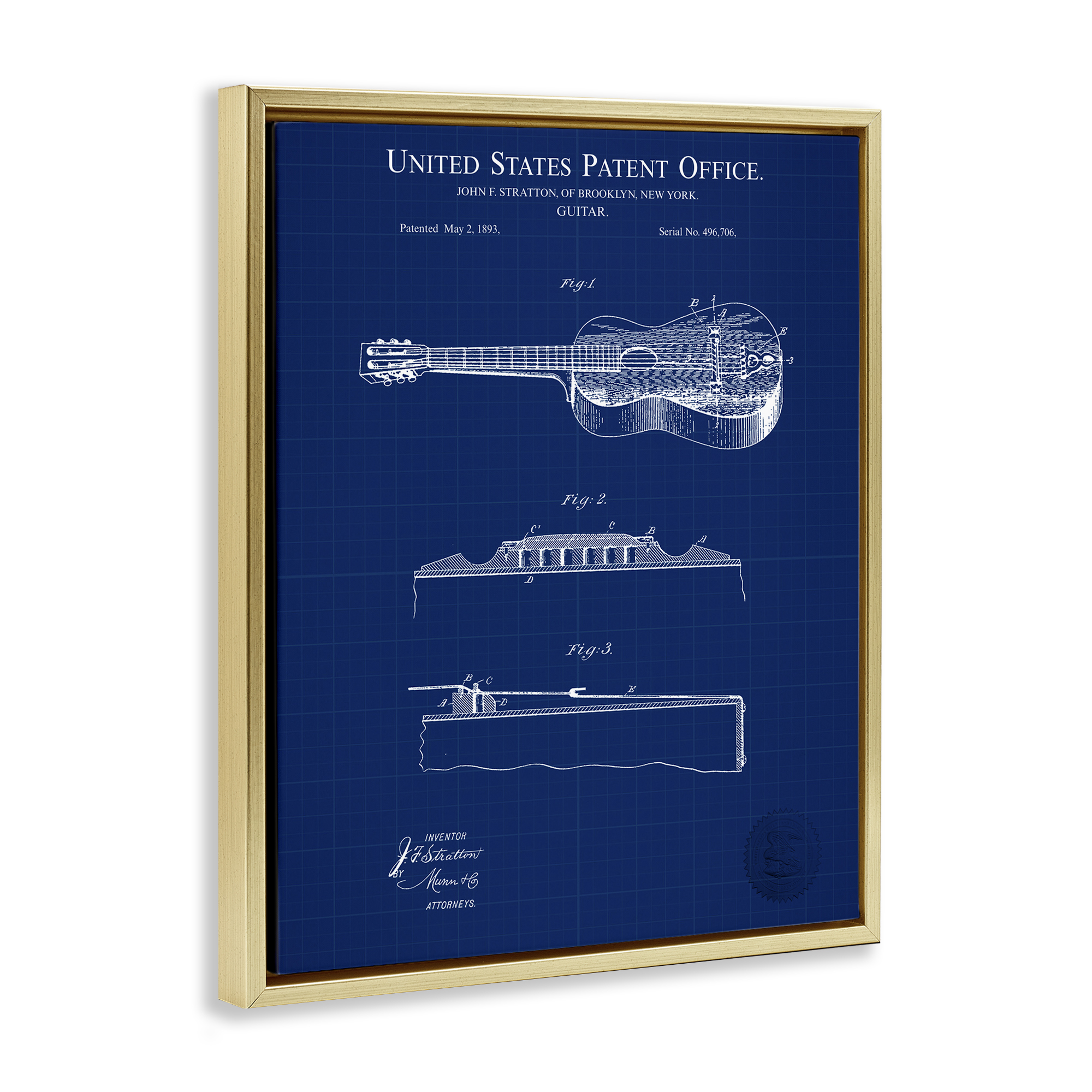 Stupell Industries Acoustic Guitar Blueprint Performing Arts Painting Gold Floater Framed Art Print Wall Art, 17 x 21