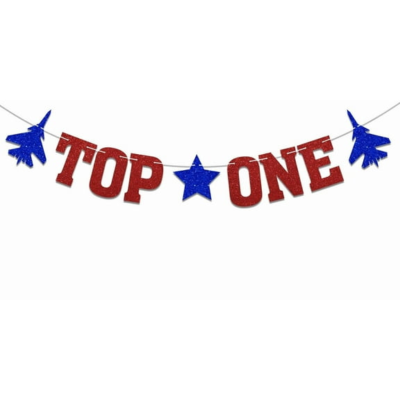 Top One Outer 1st Birthday Decorations, Fighter Pilot 1st Birthday Party Banner, Blue Red Glitter, 3" x 4" Rectangular Banner
