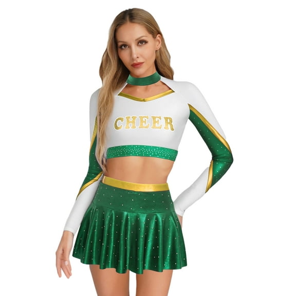 iiniim Womens Cheerleading Costume High School Cheer Leader Fancy Dress Outfit Uniform Tops Skirt Green L