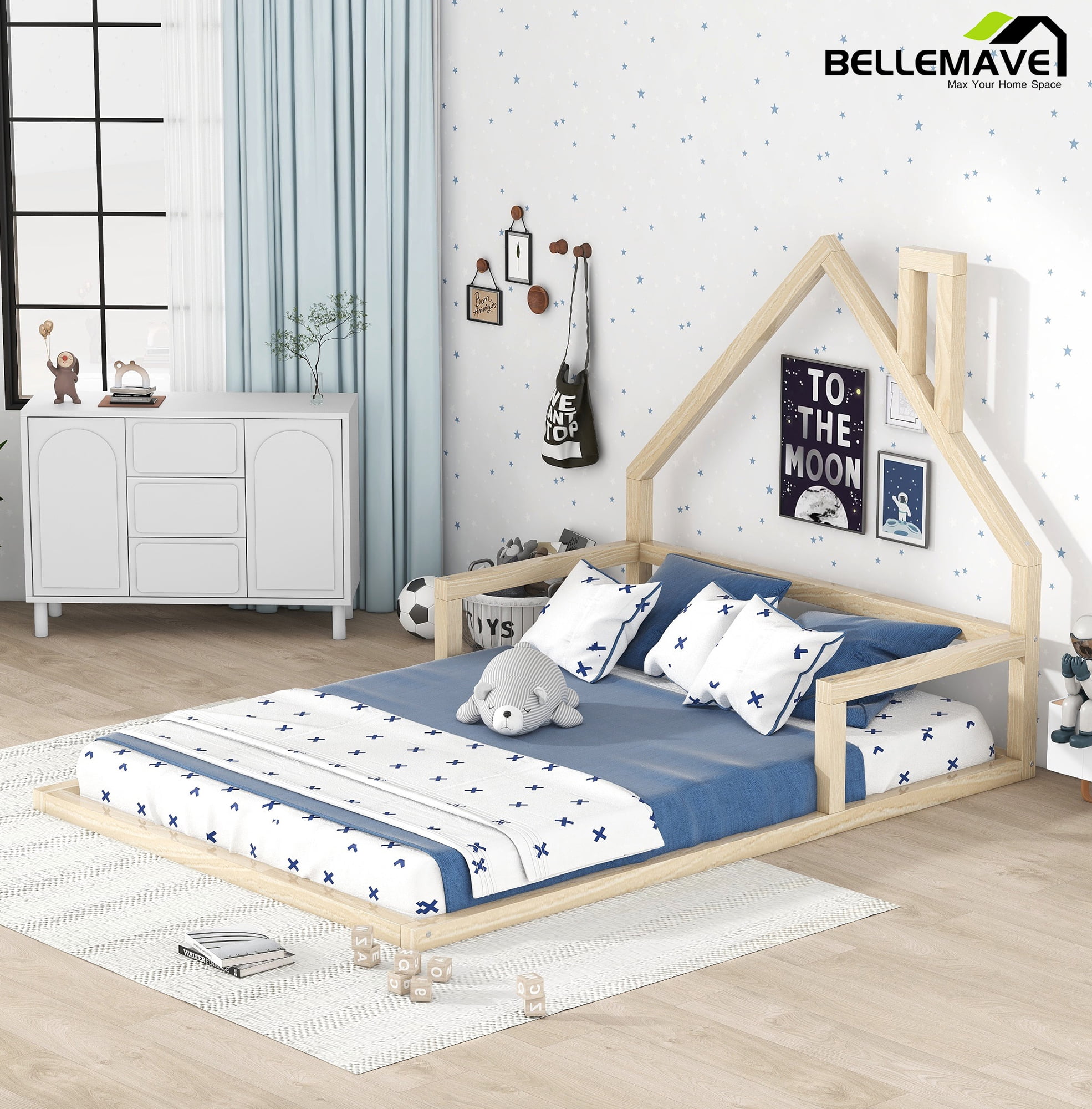 Bellemave Full Size Wood Floor Bed with House-shaped Headboard Montessori Floor Bed with Rails and Wooden Slats No Box Spring Needed, Natural