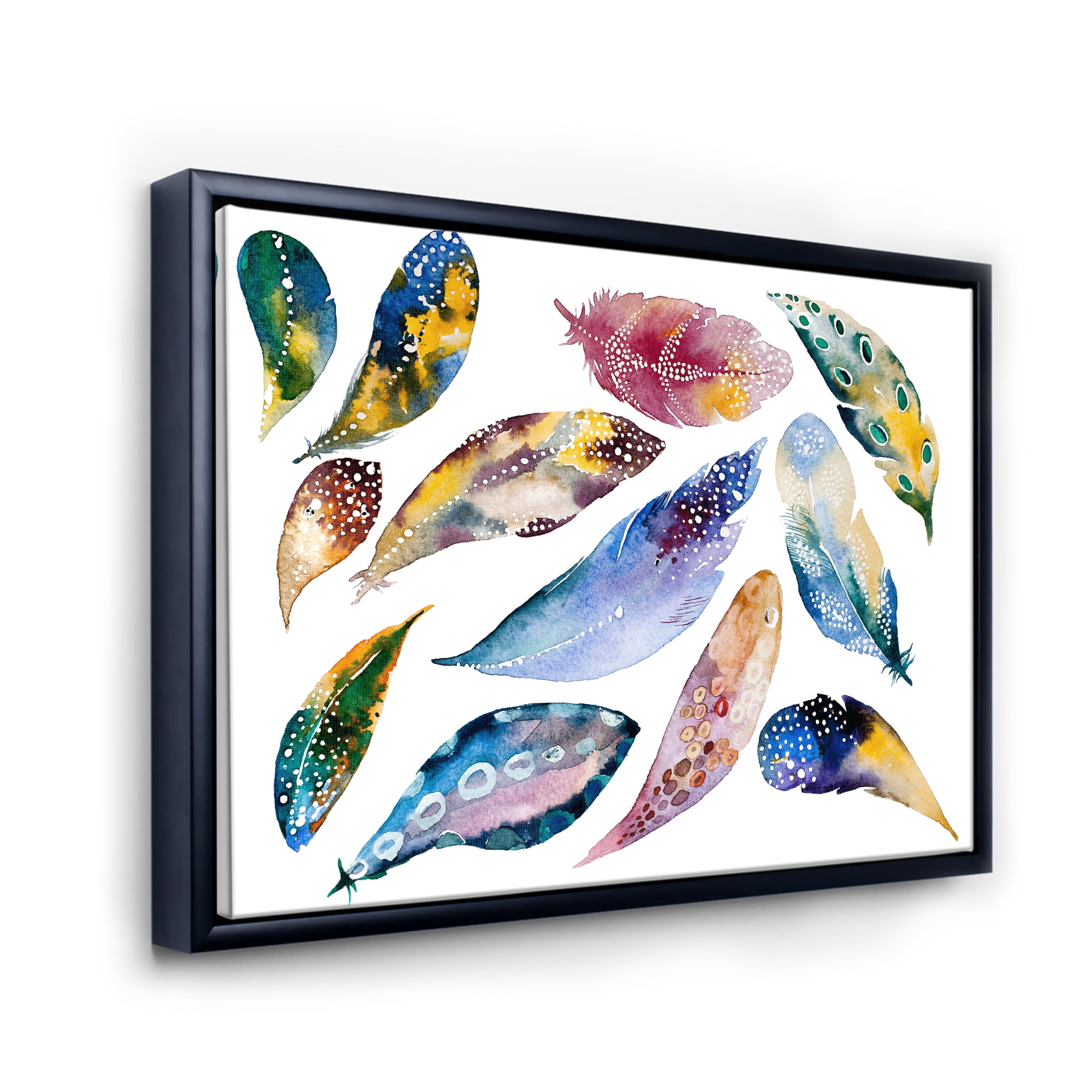 Designart 'Colourful Boho Feather Set On White VI' Bohemian & Eclectic Framed Canvas Wall Art Print