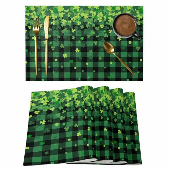 St. Patrick's Day Placemats Set of 12, Spring Shamrocks Farmhouse Green Checkered Placemats for Dining Table, Place Mats for Kitchen Tabletop, Waterproof Wipeable Dining Table Mats Set