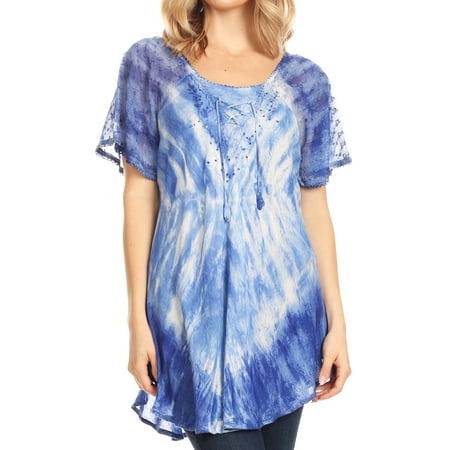 

Sakkas Donna Women s Casual Lace Short Sleeve Tie Dye Corset Loose Top Blouse - Royal Blue - One Size
