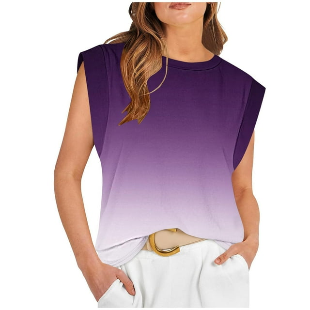 QUINDOS Débardeurs pour Femmes Été Violet Mode Décontractée Col Rond Sans Manches T-shirt Blouse Camisoles pour Femmes
