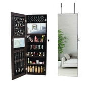 Wall Mirror Jewelry Cabinet Lockable Jewelry Armoire Organizer with Full Length Mirror Dressing Mirror Makeup Jewelry Storage Brown