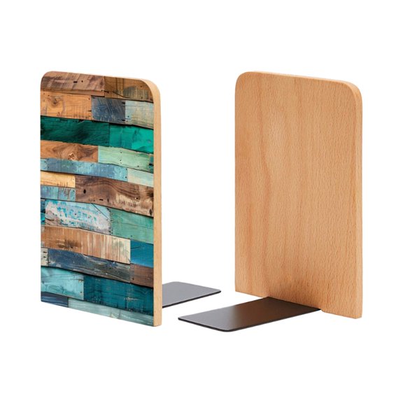 Bookends 1 Pair Non-Skid Bookend Wood Bookends for Shelves Book Stand for CDs - Wall Made of Rustic Wooden Planks in Various Shades