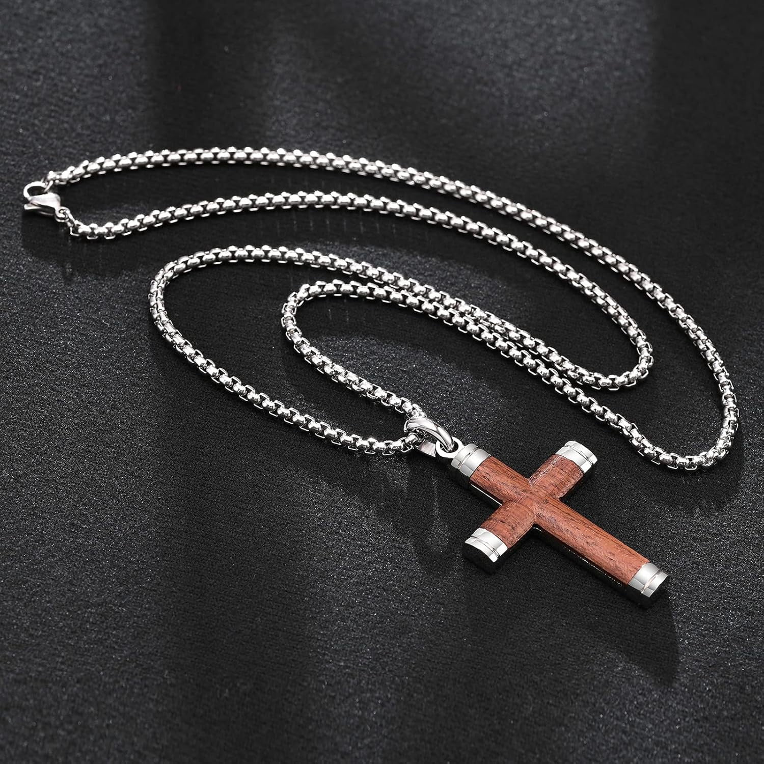 Wollet Wooden Cross Necklace Pendant for Men- Stainless Steel Chain, Mens Wood Jewelry Christian Baptism Crucifix Pendant