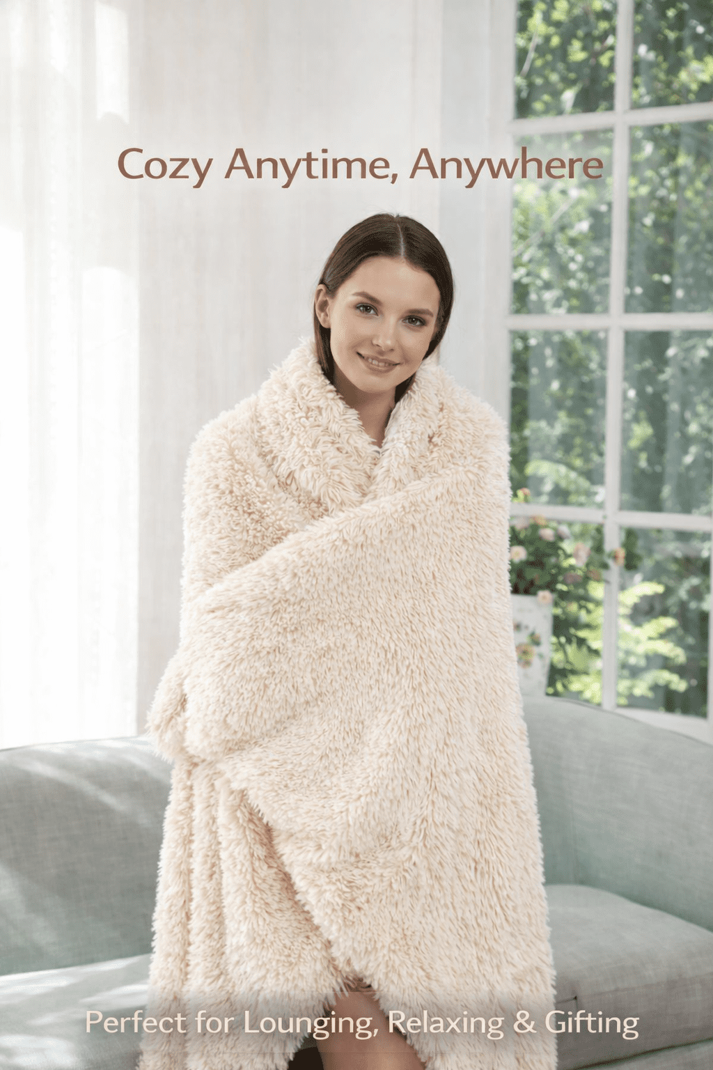 Reafort Luxury Long Hair Shaggy PV Fur Faux Fur Oversized Throw Blanket (Cream, 60"X70" Throw)