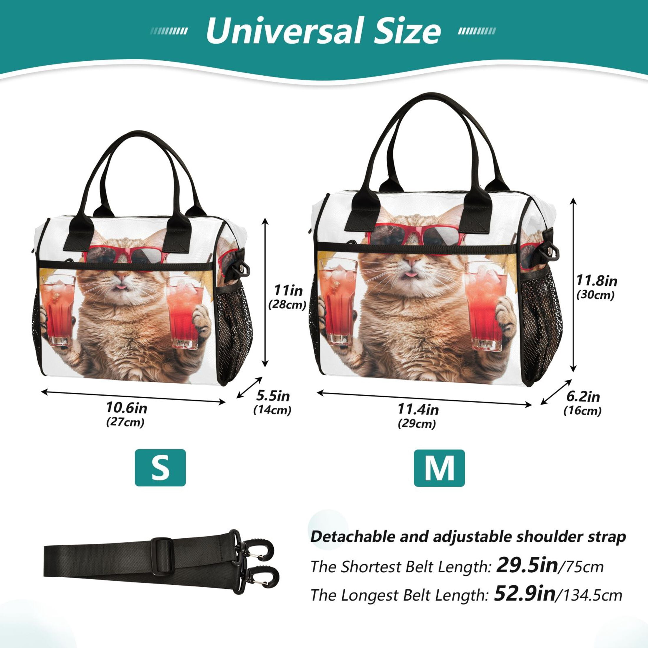 Lunch Bag Insulated Lunch Box Leakproof Reusable Cooler Tote Adjustable Shoulder Strap for Men Women Cool Cat with Drinks 12L