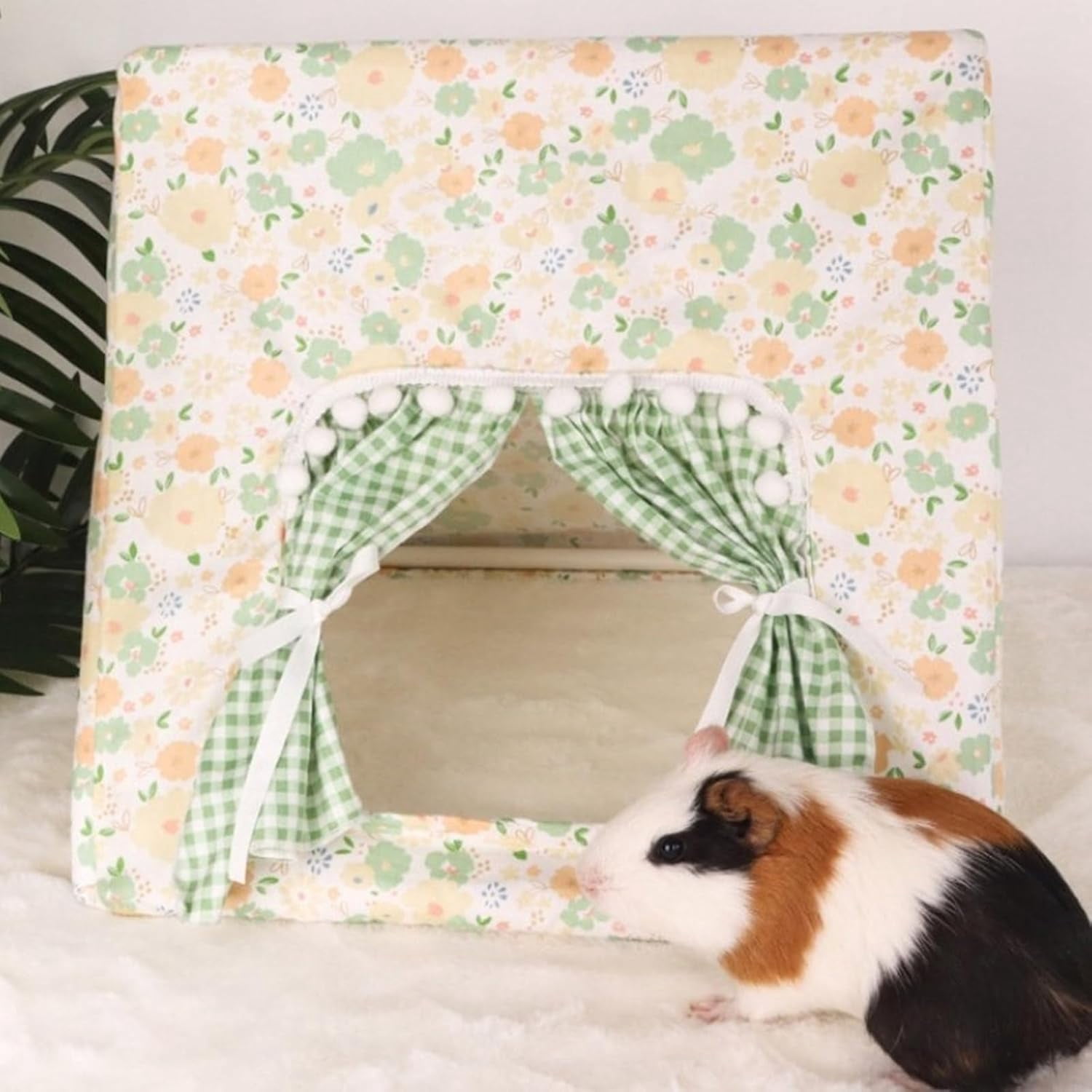 Guinea Pig Hideout Large with Curtain, Bunny Hideout, Machine Washable Guinea Pig Hide Tent Houses & Habitats, Small Animal Hideout for Pet Rabbit, Ferret,Squirrel (Flower, L)