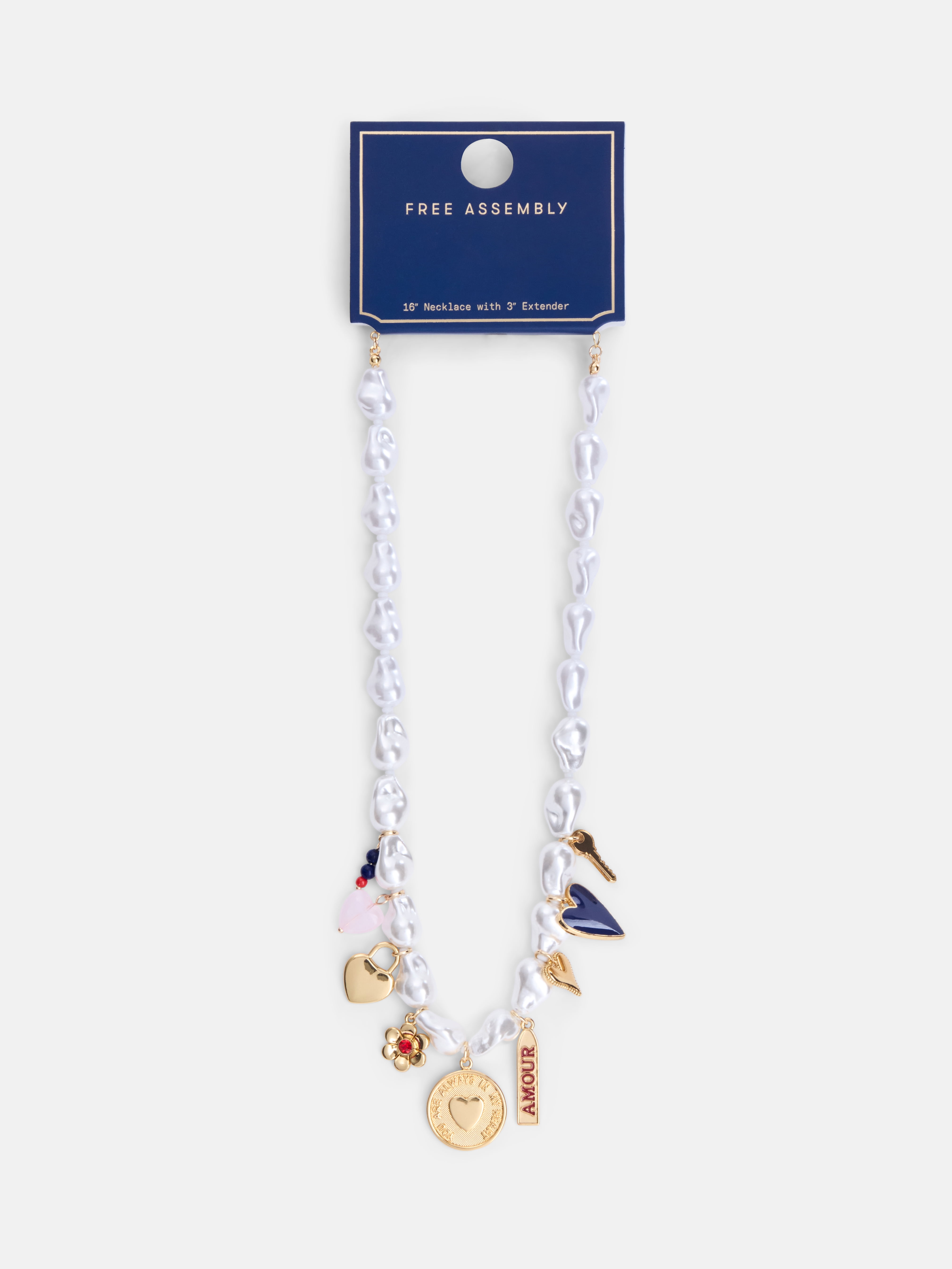 Free Assembly Women's Faux Pearl Charm Necklace, 16" + 3" Extender