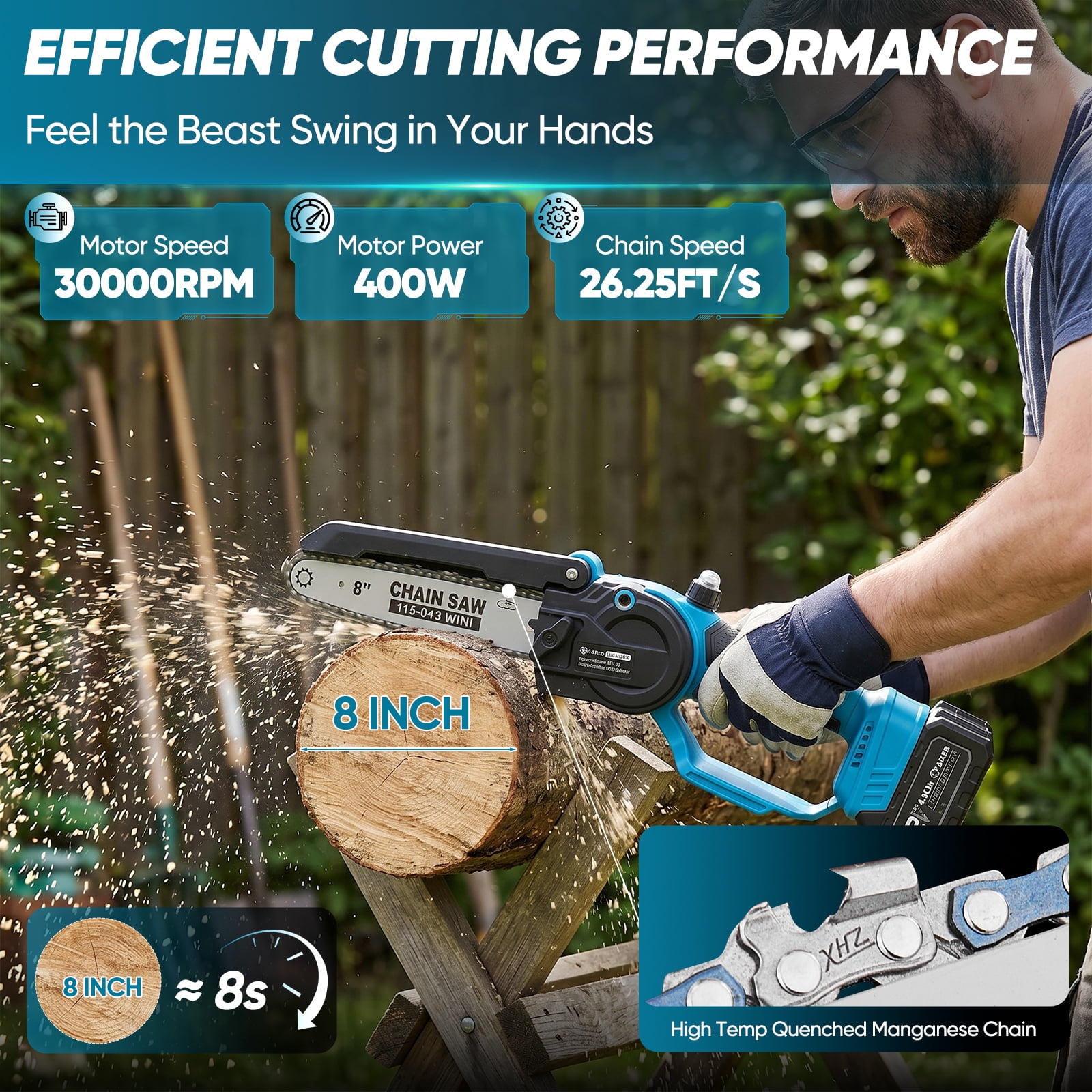 Saker 8 Inch Cordless Electric Mini Chainsaw, Portable Handheld Pruning Saw for Tree Trimming & Wood Cutting