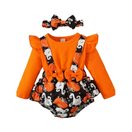 

uukiA Infant 0-12 Months Baby Girls Halloween Baby Girl Solid Color Patchwork Print Fake Two Piece Romper With Hairband