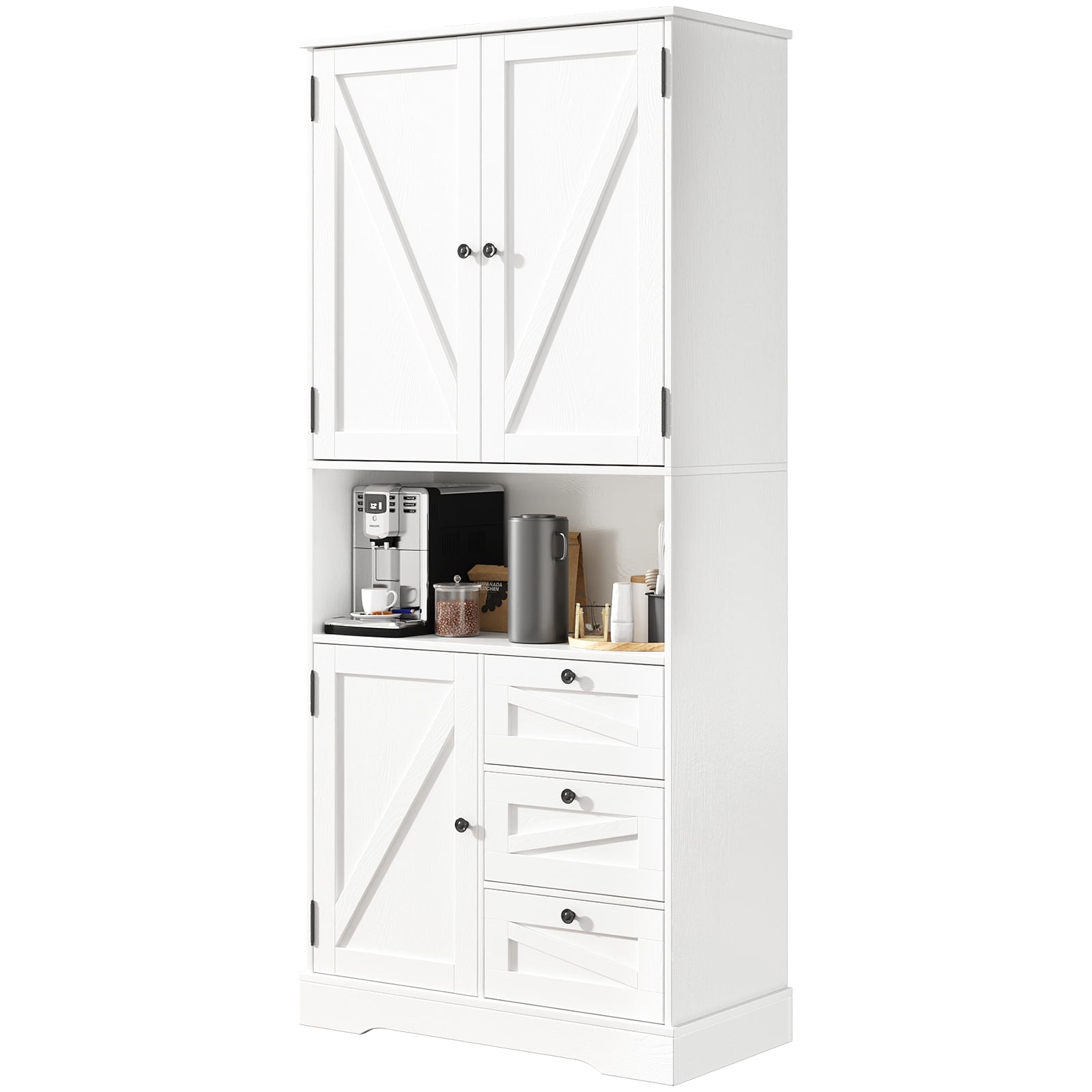 IDEALSOUL Pantry Storage Cabinet, White Kitchen Storage Cabinet with Doors and Shelves, 72”H Pastoral Style Wooden Pantry Cabinet for Kitchen, Living Room, Bathroom