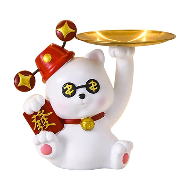 Bonita estatua de gato de la suerte, figura de resina novedosa, bandeja decorativa para guardar llaves, joyería Blanco
