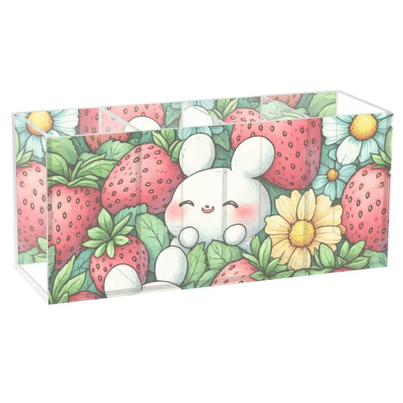Pen Holder 4 Compartments Acrylic Pencil Cup Desktop Makeup Organizer Office Supplies Cute Bunny and Strawberry