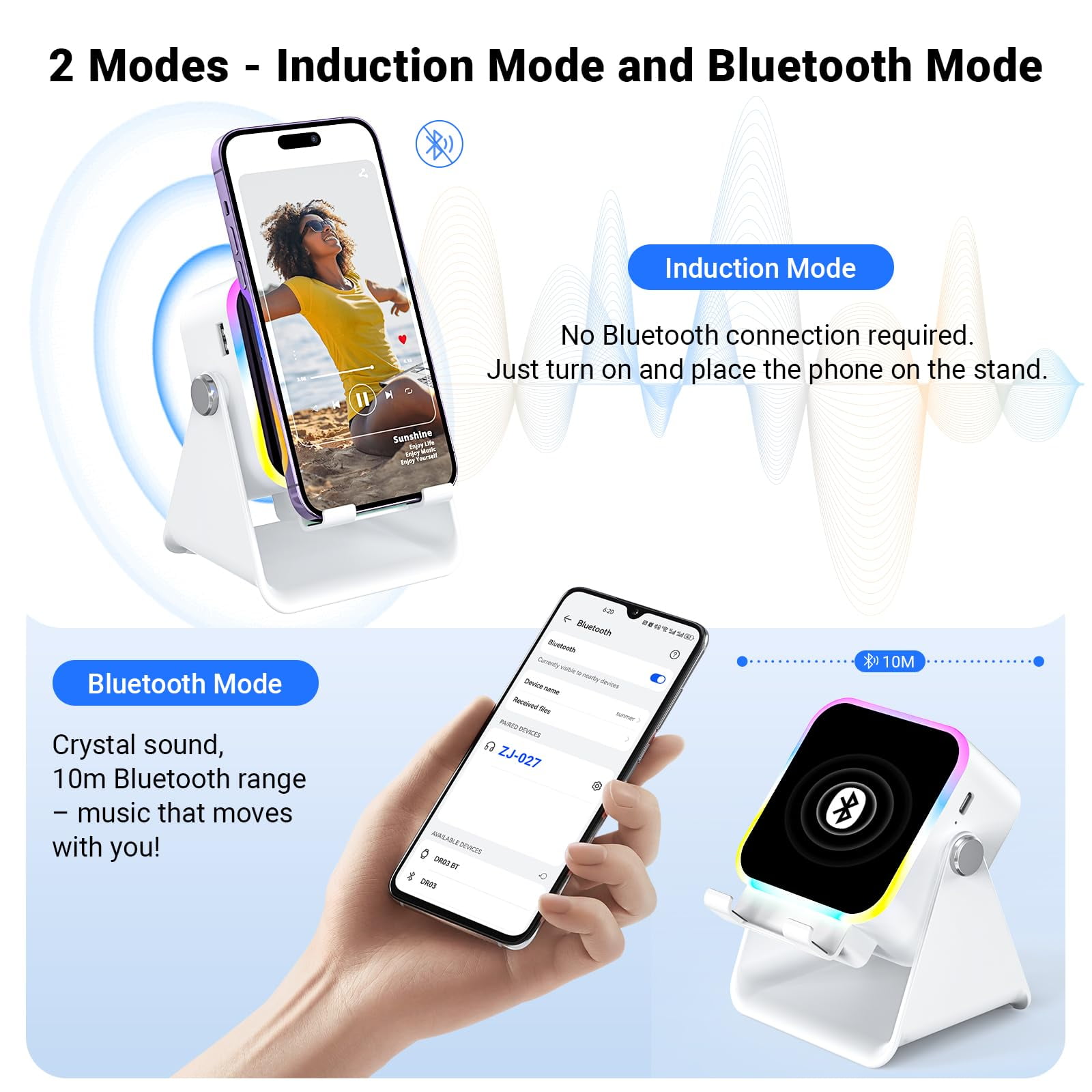 5-in-1 Wireless Induction Speaker with Phone Stand, Bluetooth Audio Amplifier with Colorful LED Light, Rechargeable Music Speaker for iPhone & Android, Ideal Birthday Gift for Men, Women(White)