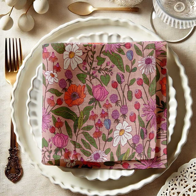 Vargottam Premium Cotton Muslin Napkins - Set of 12, 20-Inch Pink Floral Print, Soft and Absorbent Cloth Napkins for Dining, Decor, Weddings, and Special Occasions - Machine Washable, Table Linens