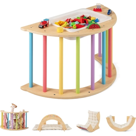 INFANS Wooden Arch Climber Rocker with Cushion 6 in 1 Montessori Climbing Toys for Toddlers Waldorf Children Table Indoor Gym Learning Playset for Kids Boys Girls