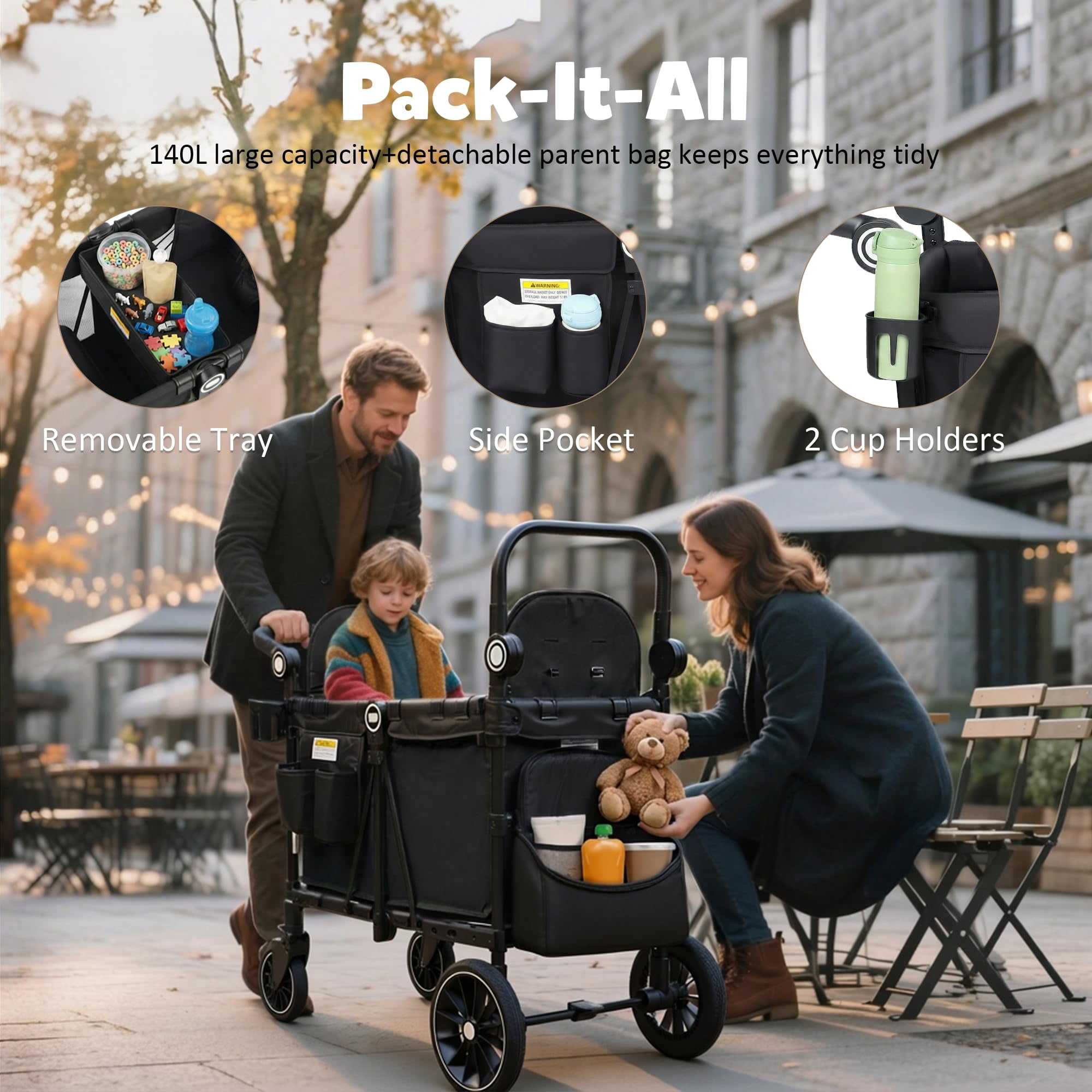 LINLUX 2 Kids Wagon Stroller, Foldable Outdoor 2-Seat Stroller Wagon, Removable Canopy, 55 Pound, Black