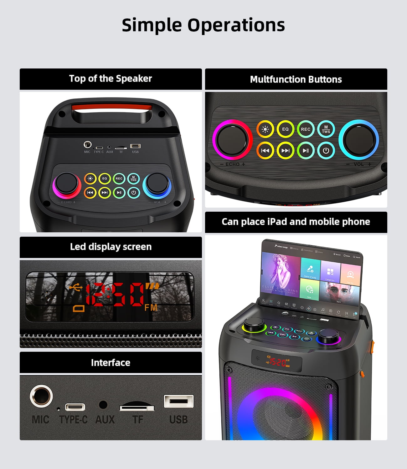 Gesnada Karaoke Machine with 2 Wireless Microphones, 200W Peak Power, TWS, USB/TF/AUX, Perfect Graduation Gift