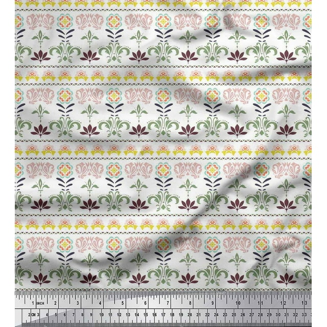 Soimoi Polyester Crepe Fabric Leaves & Floral Block Decor Fabric Printed Yard 52 Inch Wide