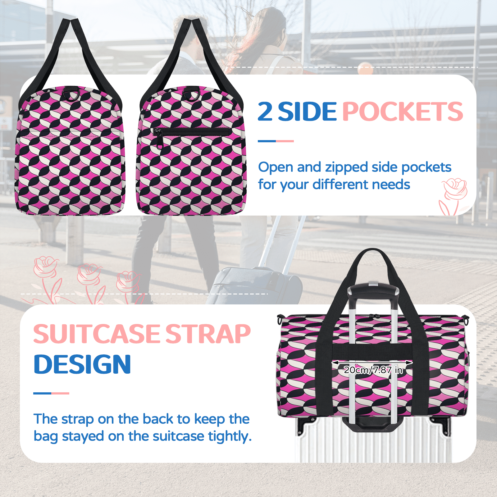 Herdesigns Pink and Black Travel Duffle Bag Sports Yoga Weekender Overnight Carry on Workout Bags Lightweight Waterproof Gym Tote Bag for Women Geometric