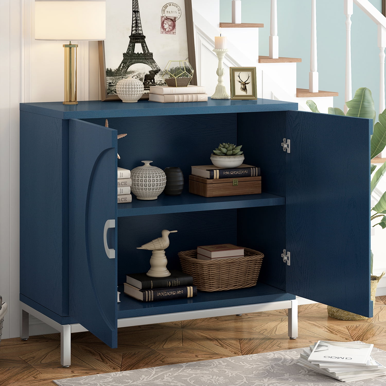 Kepooman 34" Kitchen Storage Cabinet, Storage Sideboard Buffet Cabinet with Solid Wood Veneer and Metal Leg Frame for Dining Room, Navy Kepooman 34" Kitchen Storage Cabinet, Storage Sideboard Buffet Cabinet with Solid Wood Veneer and Metal Leg Frame for Dining Room, Navy