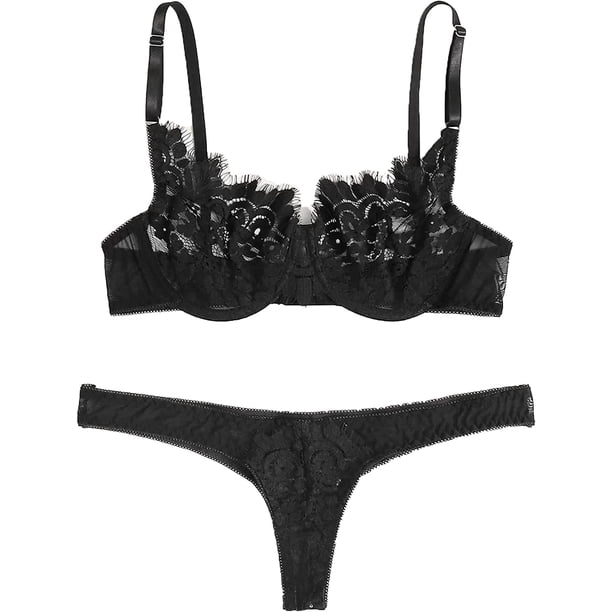 Lilosy Sexy Underwire Push Up Scallop Floral Lace Sheer Lingerie Set for Women Bra and Panty 2