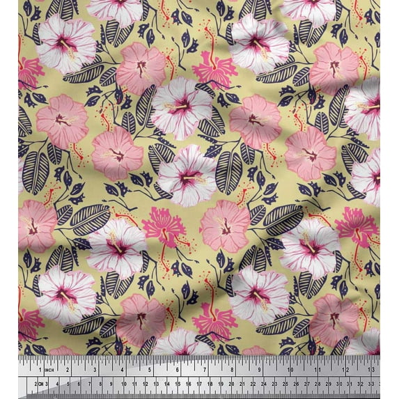 Soimoi Polyester Crepe Fabric Leaves & Floral Artistic Print Fabric by The Yard 42 Inch Wide