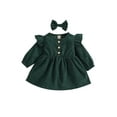 thumbnail image 1 of Kmbangi Baby Girl Solid Color Dress Long Sleeves Dress Bow Headband Gifts, 1 of 9