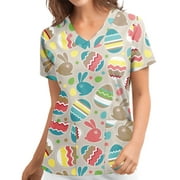 Flywake Big Savings 2023! Plus Size Tops Easter Shirts for Women Scrubs Top Women's Working Uniform Nursing Uniform With Two Pockets Short Sleeve V-neck Summer Blouse