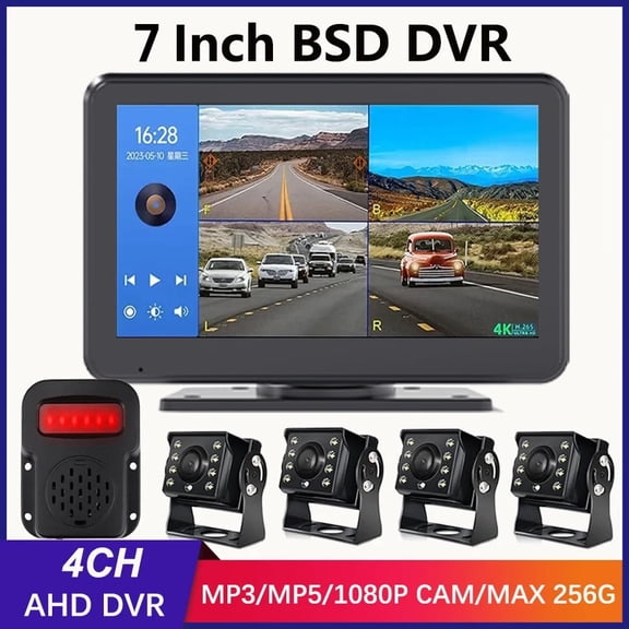 7 Inch Touch Screen 4 Ch Split Screen Car MP5 DVR Monitor with FM 170°AHD 1080P Camera Can Swivel for RV/Truck/Bus/Trailer