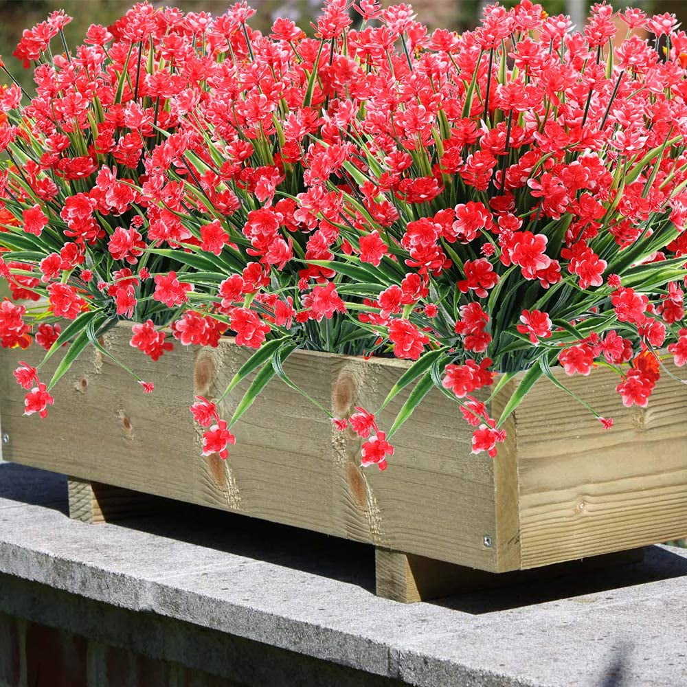 8 Bundles Outdoor Artificial Fake Flowers UV Resistant Shrubs Plants, Faux Plastic Greenery for Indoor Outside Hanging Plants Garden Porch Window Box Home Wedding Farmhouse Decor (Orange Red)