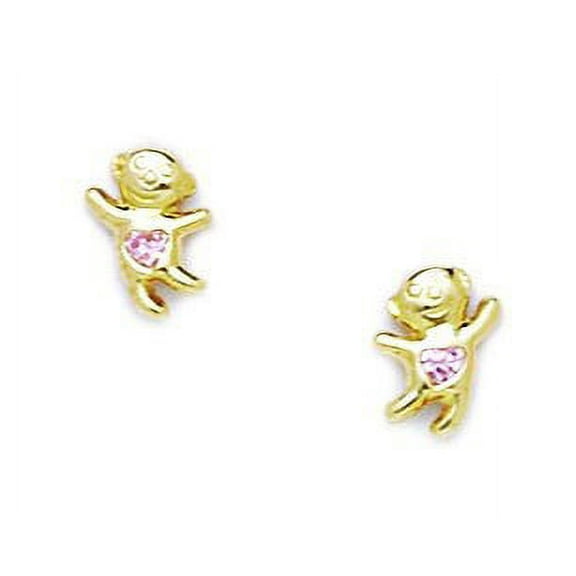 14k Yellow Gold Pink Cubic Zirconia Dancing Teddy Bear Screw-Back Earrings - Measures 8x6mm
