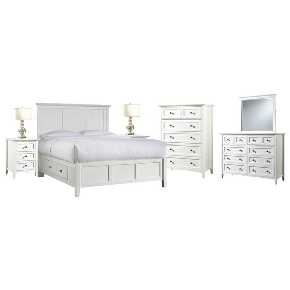 Pantego 6PC Queen Storage Bed, 2 Nightstand, Dresser, Mirror & Chest Set in White Mahogany