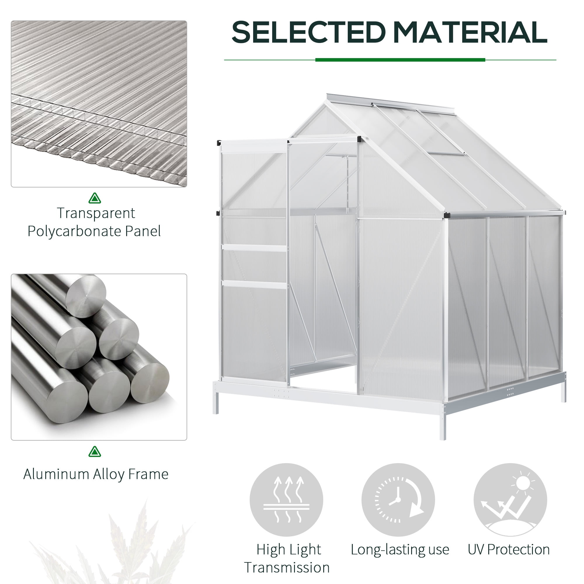 Outsunny 6'x6' Aluminum Greenhouse, Polycarbonate Walk-in Garden Greenhouse Kit, Adjustable Roof Vent, Sliding Door for Winter, Silver