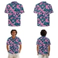 thumbnail image 2 of Xixirimido Pink Hibiscus Palm Leaf Print Couples Matching Vacation Outfits Men's Breathable Short Sleeve Shirt & Women's Irregular Hem Dress Coordinated Summer Wear for Dating, 3XL, 2 of 7