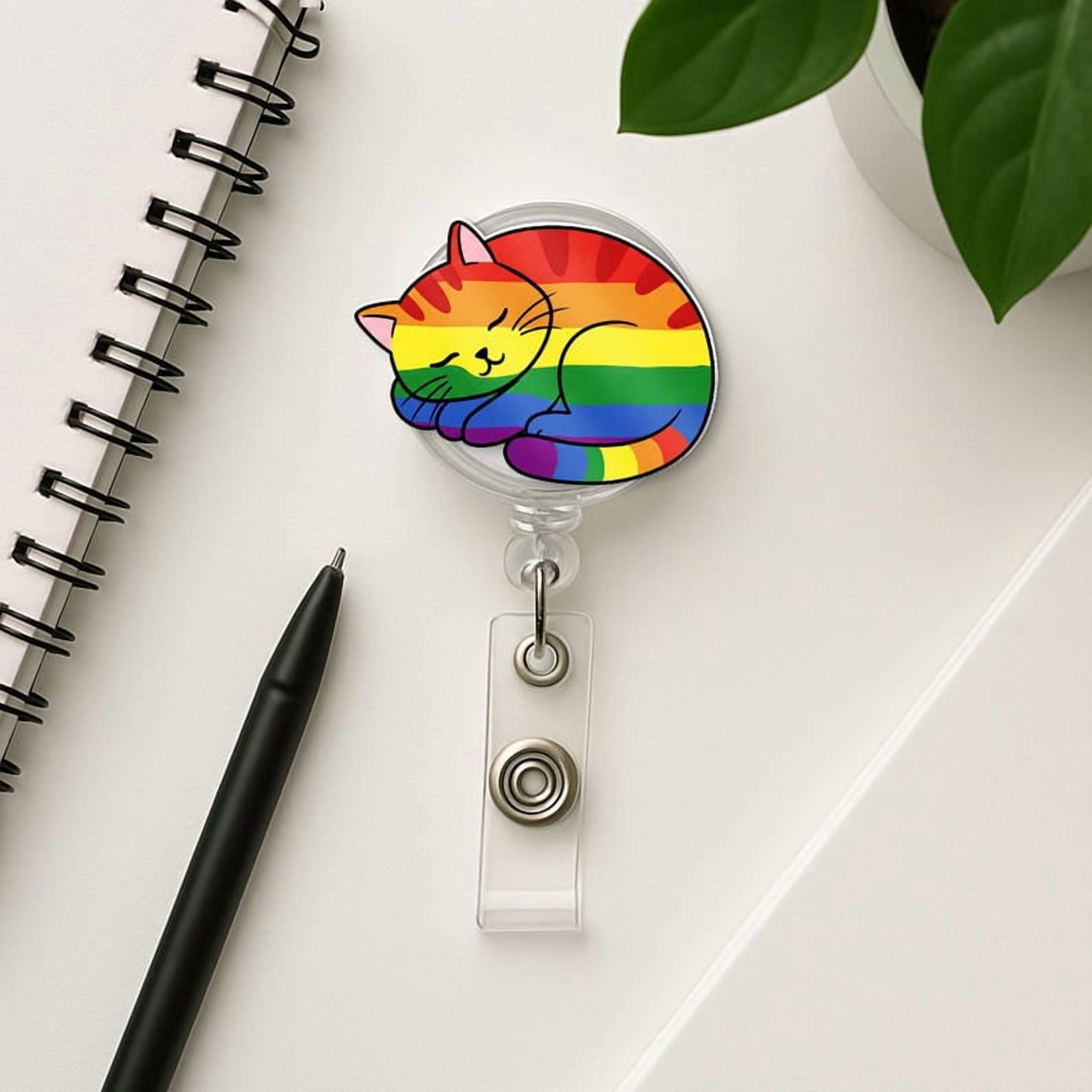 TiniDecor Rainbow Cat Badge Reel, Retractable ID Holder, Cute Pride Gift for Nurse, Student
