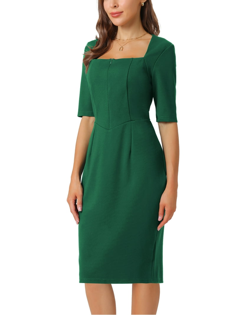 knee length dresses for ladies Square Neck Short Sleeve Midi Dress main image 1