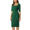 thumbnail image 4 of INSPIRE CHIC Women's Sheath Dress Square Neck Zip Up Short Sleeve Wear-to-Work Pencil Midi Dresses S Dark Green, 4 of 5