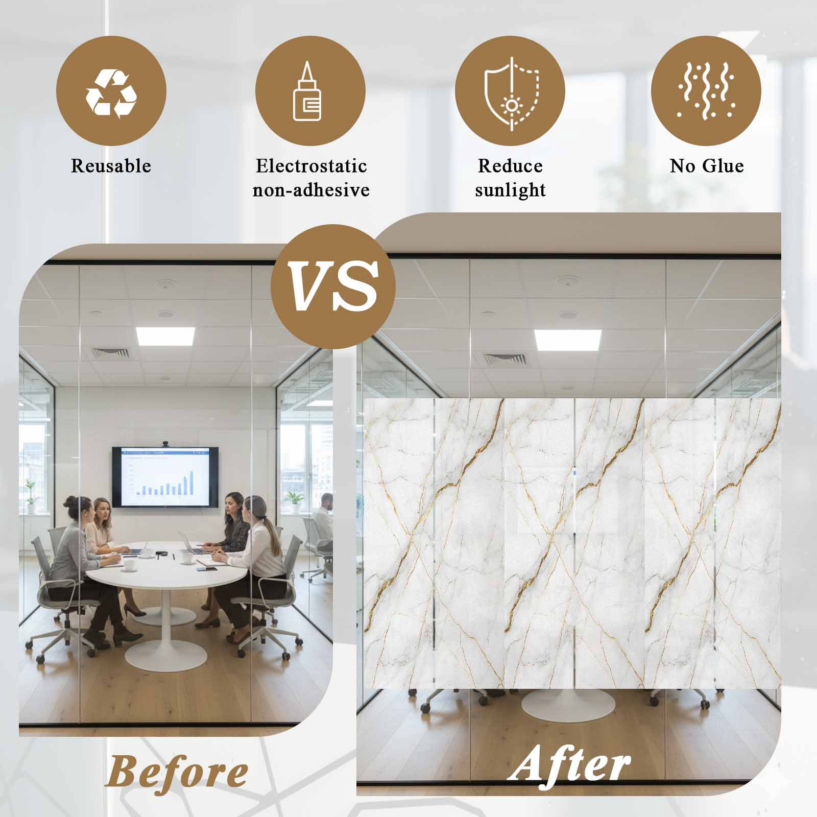 Marble Window Privacy Film, Grey Golden Crack Minimalistic Abstract Static Cling UV Sun Blocking Heat Control Window Tint Day and Night, Non-Adhesive One Way Windows Privacy Cover 23.6''x59''