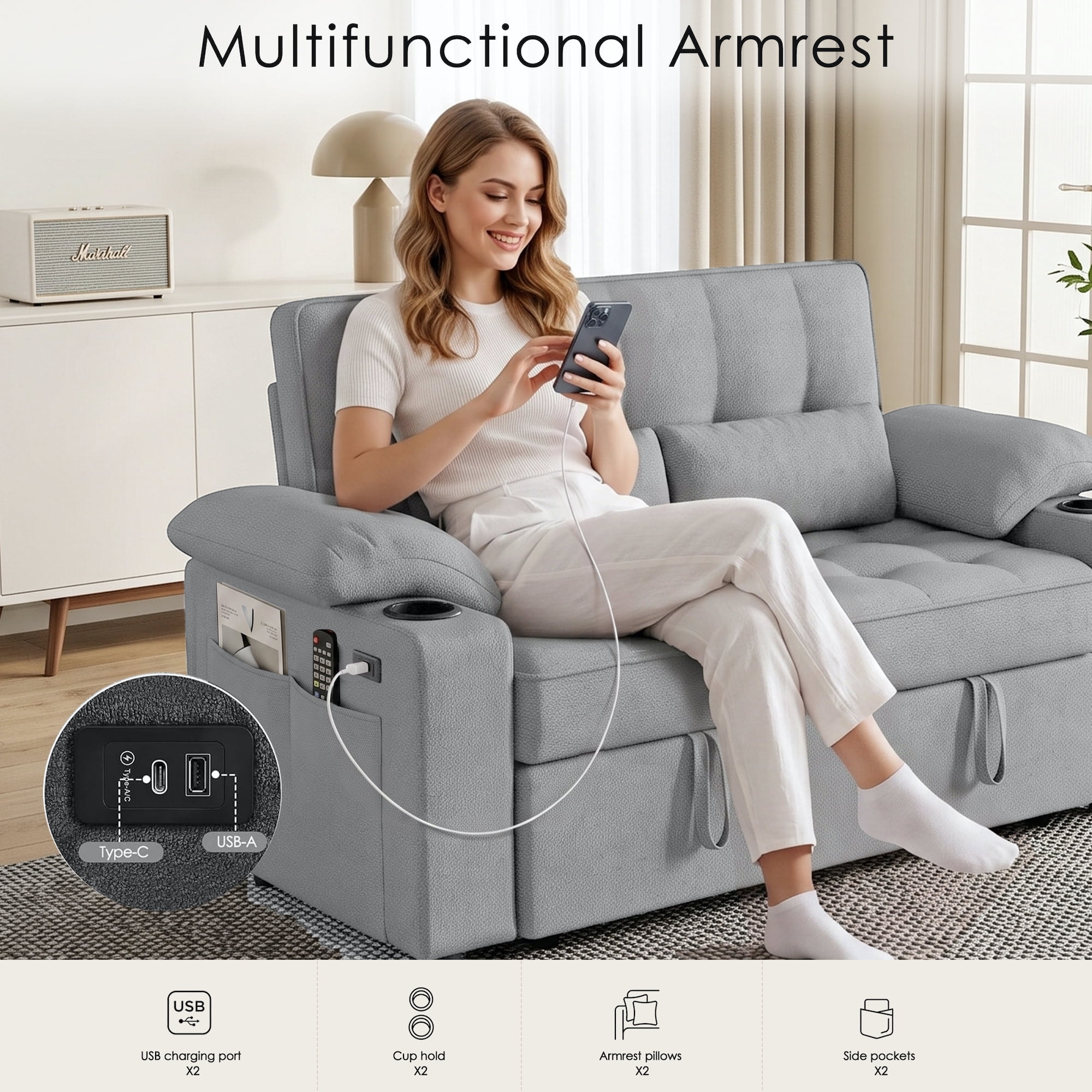58" Sleeper Sofa Bed, Full Size Pull Out Couch, Towel Fabric Convertible Loveseat with USB Charging, Cup Holders, Adjustable Backrest & Side Pockets for Living Room, Apartment, Office (Light Gray)