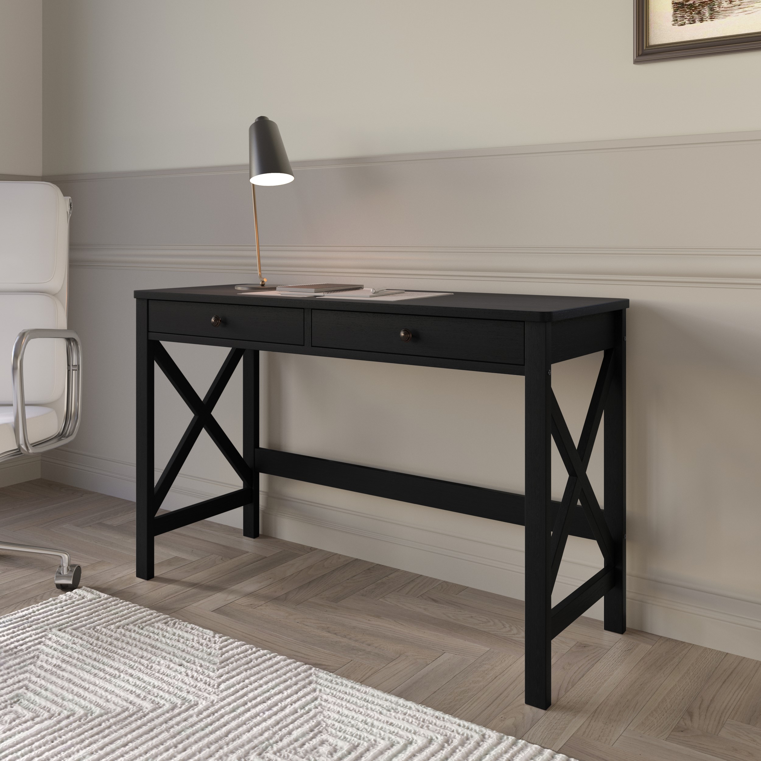Home Design Beatrice Writing Desk with Spacious Tabletop and Built-In Drawers, Timeless Clean-Lined Design for Bedroom, Home Office, or Study Nook, Black