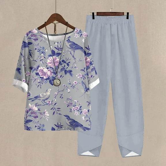 Nrmvnmi Women's Summer 2 Piece Outfits Casual Floral Prints Short Sleeve Pajama Tops Wide Leg Pants Lounge Sets Tracksuits Mothers Day Gifts