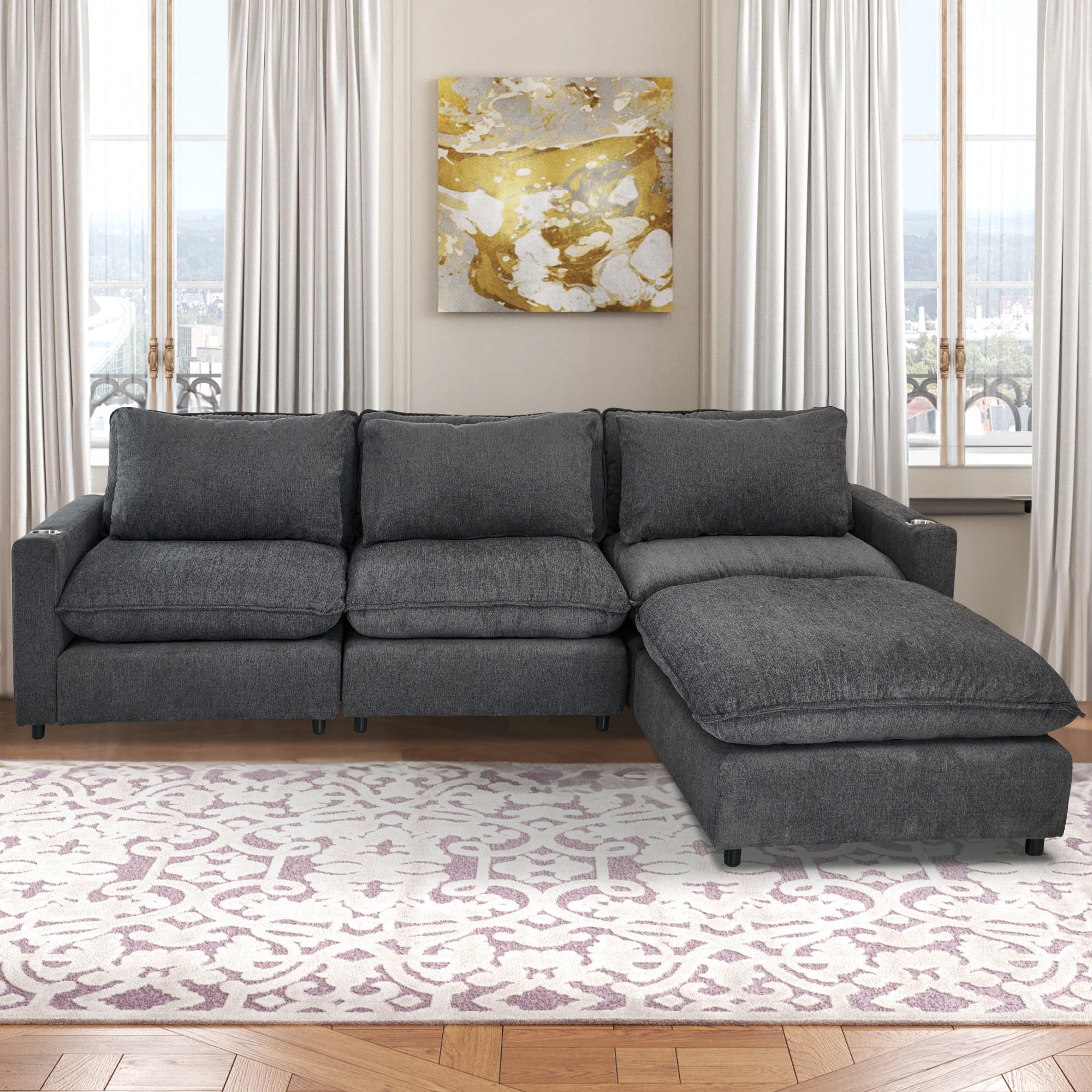 Aukfa 128" Modular Sectional Sofa with Cup Holders, Chenille L Shaped Couch with Convertible Chaise, Dark Gray